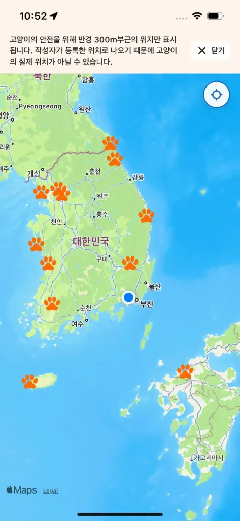 StrayKitty 앱 동네 고양이 지도 화면: 전국 지도에 고양이 위치 핀이 표시된 모습