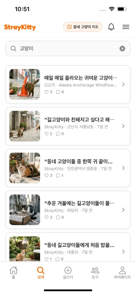 StrayKitty 앱 검색 결과 화면: 여러 길고양이 게시물이 목록으로 나열된 모습
